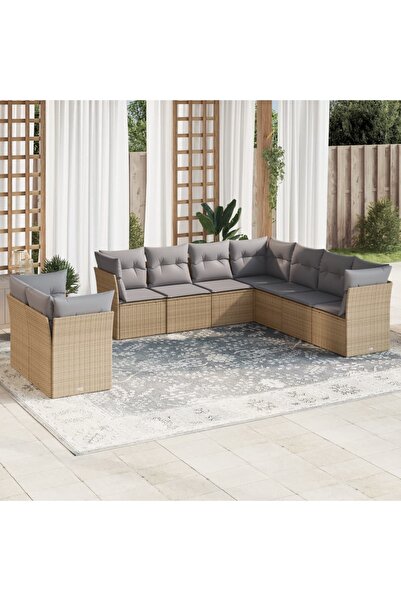 vidaxl Set canapele de gradina, 9 piese, cu perne, bej, poliratan