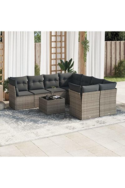 vidaxl Set canapele de gradina, 9 piese, cu perne, gri, poliratan