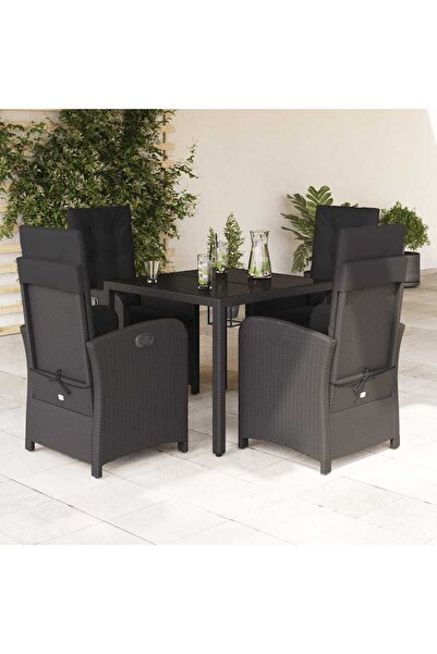 vidaxl Garden furniture set with cushions, 5 pieces, black, polyrattan