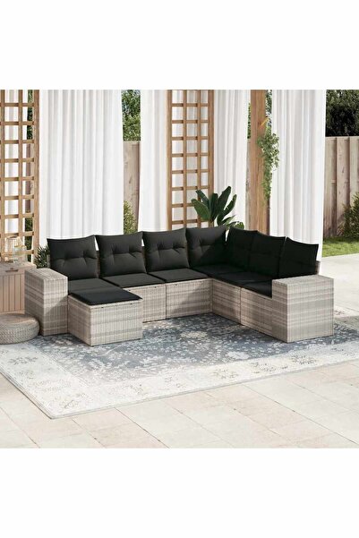 vidaxl Garden sofa set with cushions, 7 pieces, light grey polyrattan