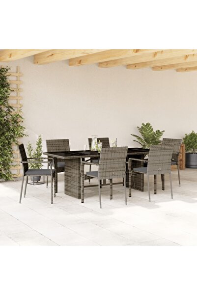 vidaxl Garden furniture set with cushions, 7 pieces, grey, polyrattan