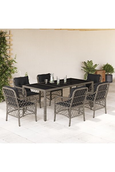 vidaxl Garden furniture set with cushions, 7 pieces, grey, polyrattan