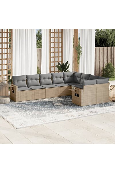 vidaxl Set canapele de gradina, 9 piese, cu perne, bej, poliratan