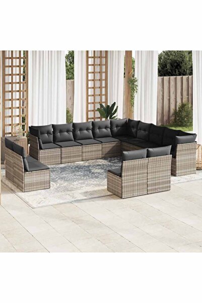 vidaxl Garden sofa set with cushions, 13 pieces, light grey polyrattan