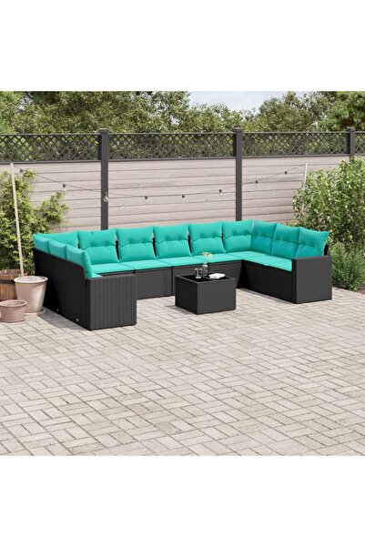 vidaxl Garden sofa set with cushions, 11 pieces, black, polyrattan