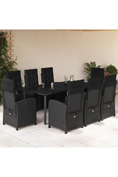vidaxl Garden furniture set with cushions, 9 pieces, black, polyrattan