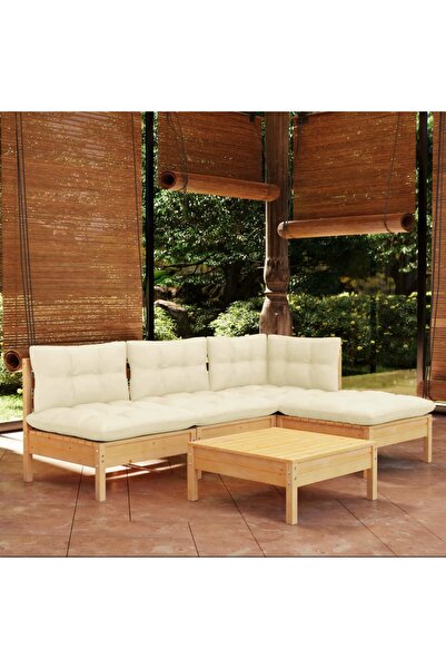 vidaxl Set mobilier gradina cu perne crem, 5 piese, lemn de pin