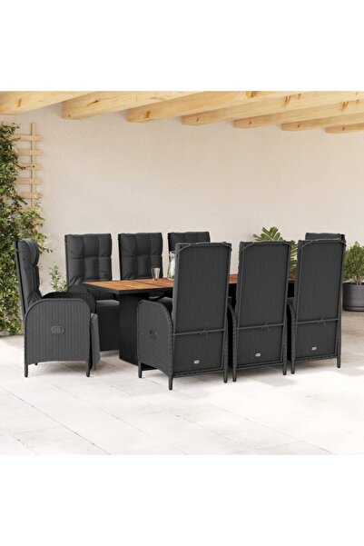 vidaxl Garden furniture set with cushions, 9 pieces, black, polyrattan