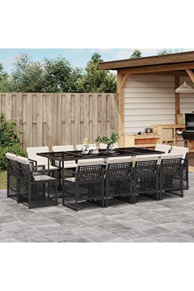 vidaxl Garden furniture set with cushions, 13 pieces, black, polyrattan