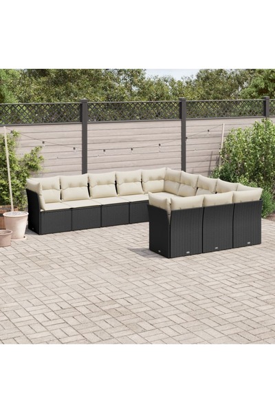 vidaxl Garden sofa set with cushions, 11 pieces, black, polyrattan