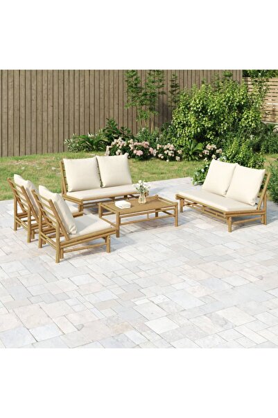 vidaxl Set mobilier de gradina cu perne alb crem, 2 piese, bambus
