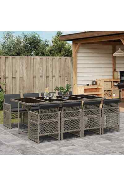 vidaxl Garden furniture set with cushions, 9 pieces, grey, polyrattan