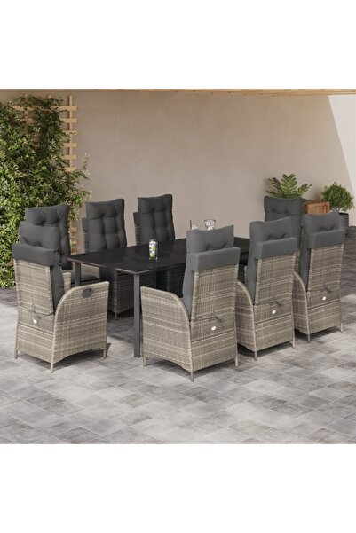 vidaxl Garden furniture set with cushions, 9 pieces, light grey, polyrattan
