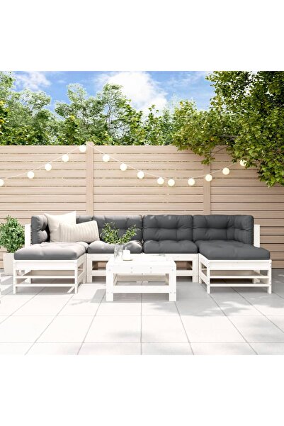 Concept Set mobilier de grădină cu perne, 7 piese, alb, lemn masiv