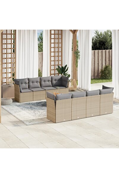 vidaxl Garden sofa set, 9 pieces, with cushions, beige, polyrattan