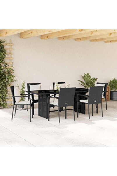vidaxl Garden furniture set with cushions, 7 pieces, black, polyrattan