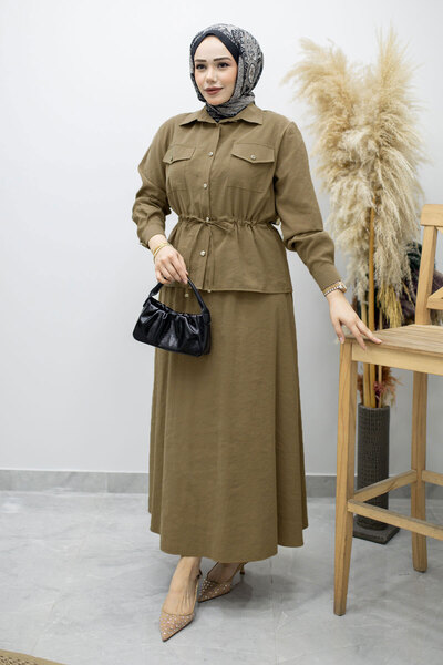 Tesettür Dünyası Pocketed Gathered Waist Skirt Suit Tsd260171 Khaki