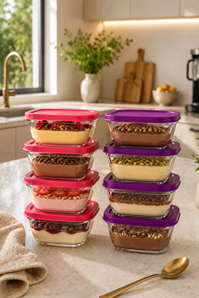 ZURİ DESİGN 8-Piece Square Glass Pudding Bowl with Lid Storage Container Pink...