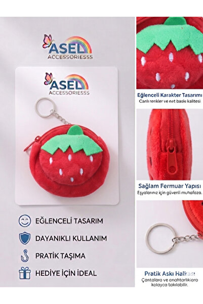 Aselaksesuarr Meyve Figürlü Peluş Kancalı Mini Kız Çocuk Cüzdanı ve Çanta Aks...