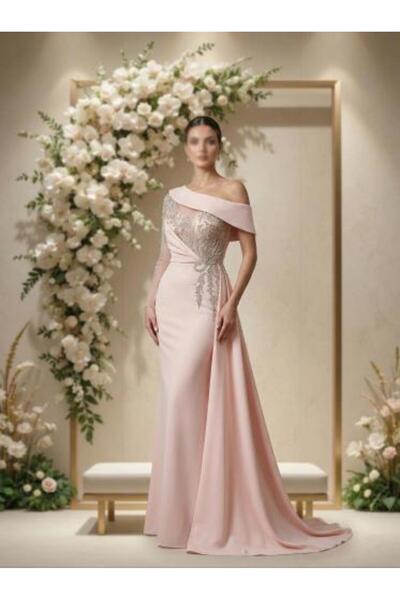 Generic Draped dress with crystal embroidery and side tail