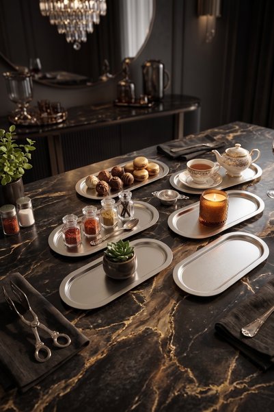 EVLE 6 Parça Baton Silver Gümüş Renk Metal Sunum Tepsisi, Gümüş Renk Servis Tepsisi, Sunumluk