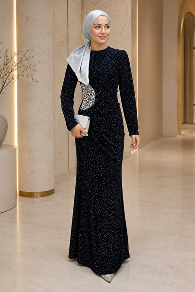 FERHEL Women's Draped Stone Evening Dress Special Occasion Dress - Black