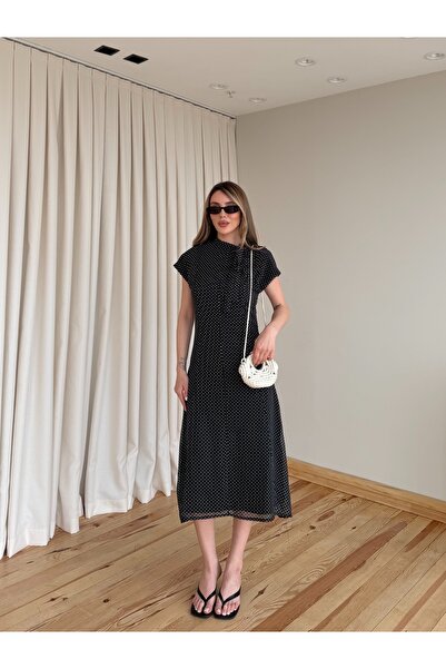 Laluvia Black Collar Tie Detail Polka Dot Midi Dress - 8276