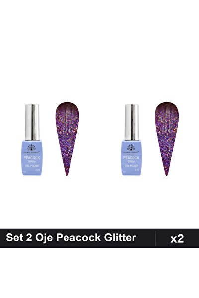 Makeup Set 2 Oje Semipermanente Peacock Glitter 8ml, Nuanță 02, Manichiură UV...