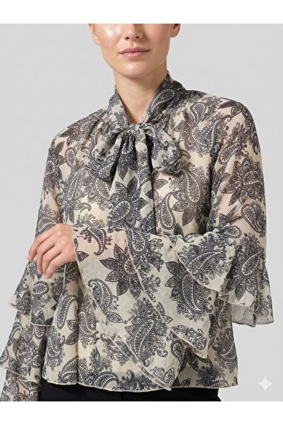Lunea Womens Women's Beige Patterned Halter Neck Chiffon Blouse with Flounce ...