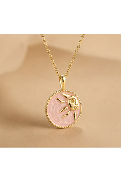 Rose and Light Pink Enamel Güneş Gold Steel Necklace