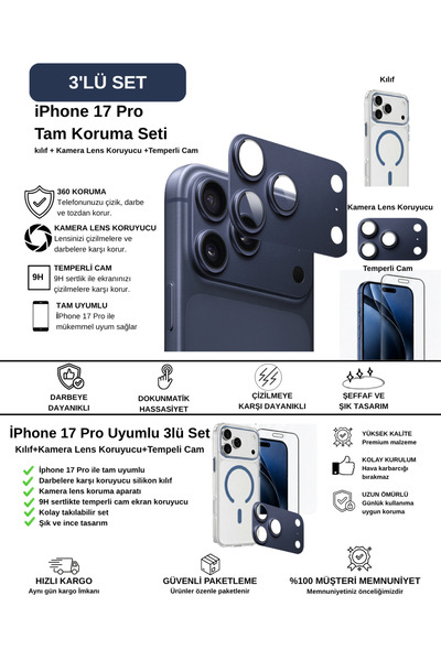 İPhone 17 Pro Uyumlu Temperli Cam+Kamera Lens Koruyucu+Magsafe Kılıf Tam Koruma Set
