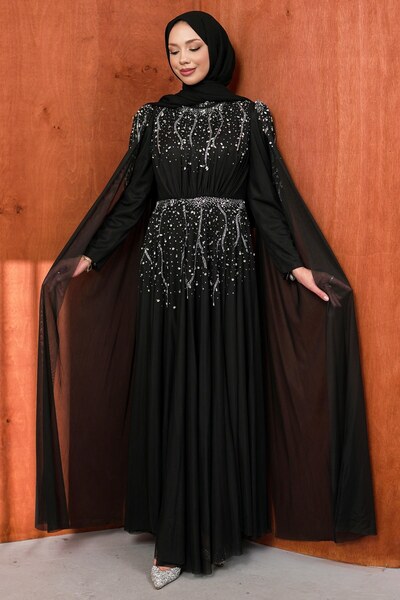 İmajButik Black Shoulder Cape and Stone Embellished Evening Dress