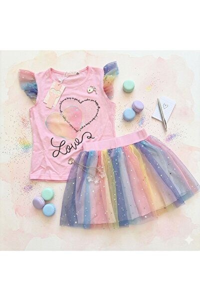 Victorino Set tricou maneca scurta si fusta tulle roz