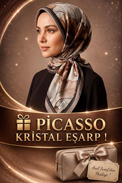 Picasso İpek Görünümlü Vizon - Kahverengi Kristal Eşarp – Twill Şık Tasarım 9...