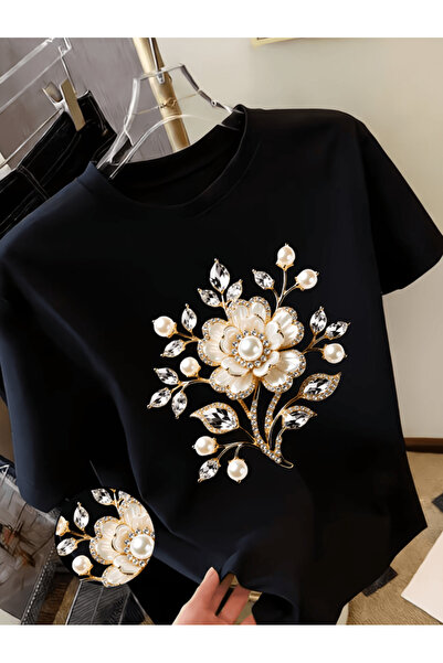 one button Tricou oversize premium cu imprimeu floral Gold İnci