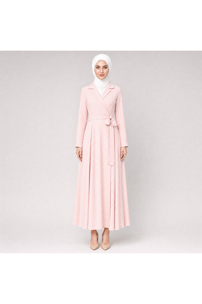 Secdeva Çizgili Taş Detaylı Pastel Pembe Uzun Tesettür Elbise