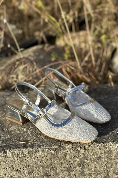 topuksarayı Luna Women's Silver Lace Detailed Heeled Ballet Flats