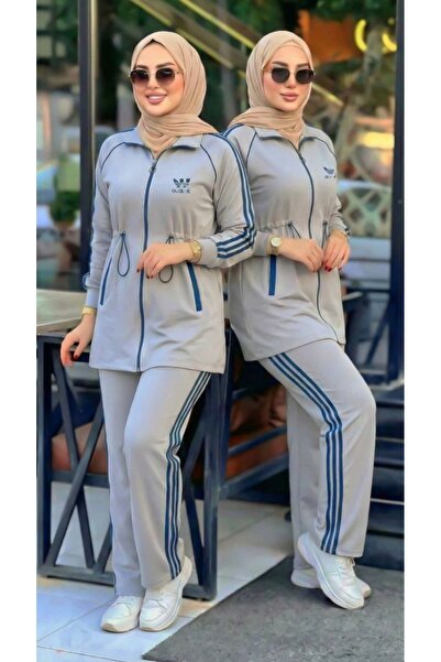 lamaro Kadın Gri Spor Eşofman Takımı - Belden Büzgülü, Şerit Detaylı Rahat İk...