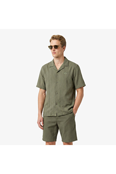 Lacoste Erkek Relaxed Fit Kısa Kollu Çizgili Haki Gömlek