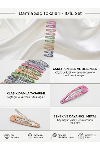 Aselaksesuarr 10'lu Set Esnek Metal Klasik Damla Çıt Çıt Saç Tokası - 3 Farkl...
