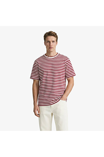 Lacoste Erkek Relaxed Fit Bisiklet Yaka Çizgili Bordo T-Shirt