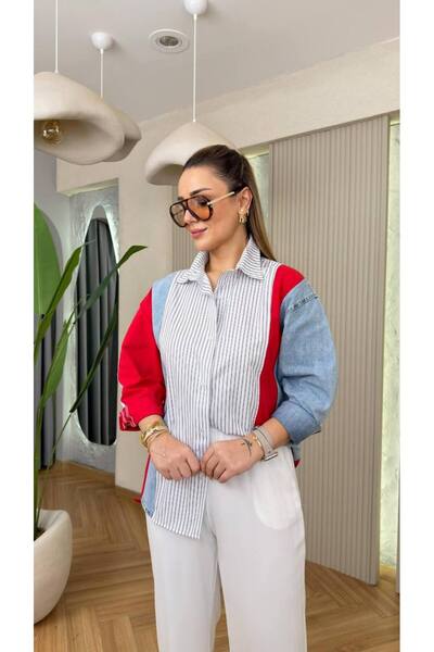 MATTİMODA Yeni Sezon Kot Detaylı Çizgili Gömlek