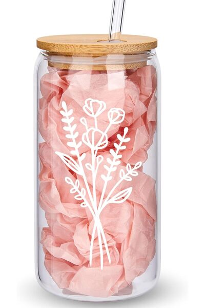 NASAQ Cute Glass Cups with Lids and Straws, Aesthetic Iced Coffee Cup, Flower...