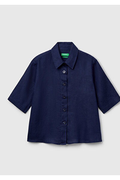 United Colors of Benetton Women's Navy Blue 100% Linen Half Sleeve Plain Shirt