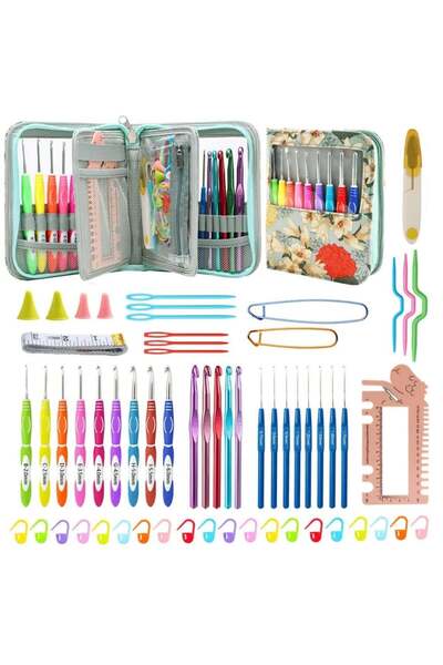 iğne izi 22-Piece Crochet Set - Crochet Kit with Floral Patterned Bag - Croch...
