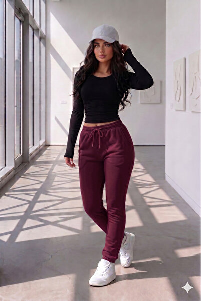 NO 601 Women's Burgundy Winter Elastic Leg 3 Thread Sweatpants