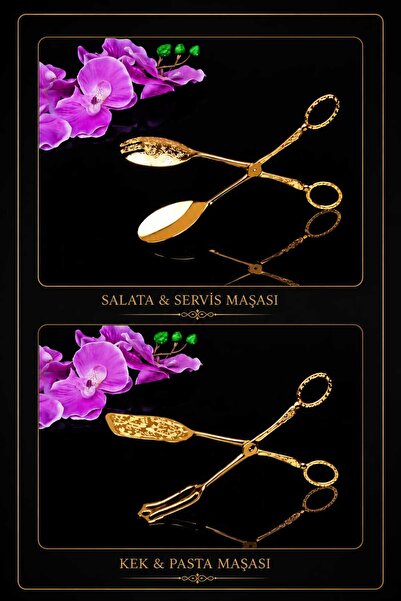 ERGENÇLERZÜCCACİYE Gold Double Service Presentation Cake Salad Scissors Tongs...