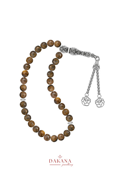 DAKANA JEWELLERY Certified 8 mm Bronzite Stone Lotus Flower Steel Tassel Natu...