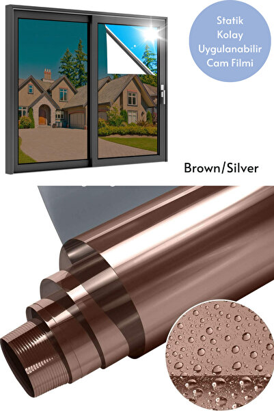 Technojet 75x100 cm Brown Silver Aynalı Cam Filmi Statik UV Güneş Koruyucu Ca...