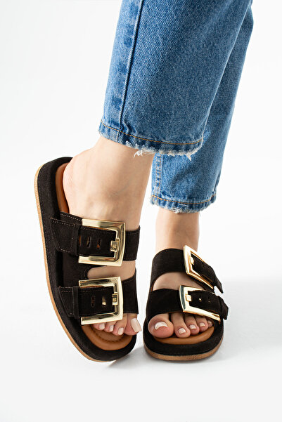 Tibu Ayakkabı Tibu Nemi Buckle Suede Leather Slippers